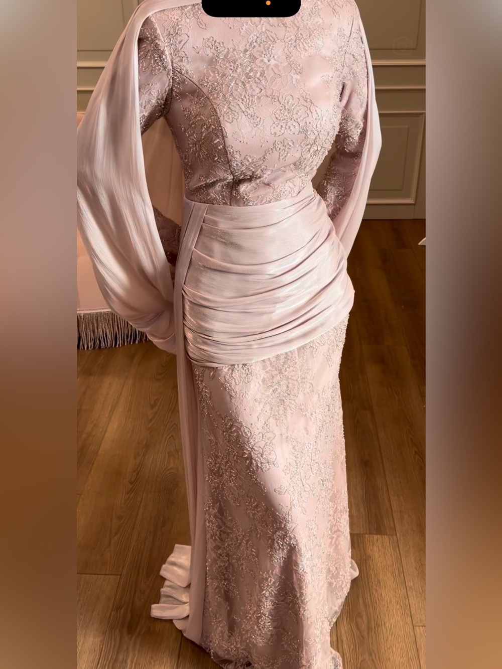 Elegant Lace & Satin Pale Pink Evening Dress